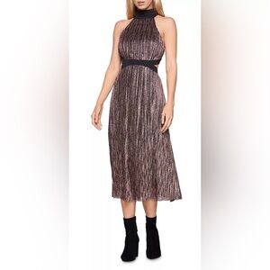 BCBGeneration Bow-Back Metallic Stripe Midi Dress Size 8 Fit &Flare Keyhole Back